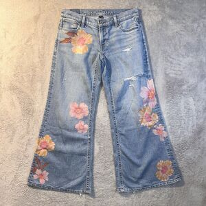 RARE American Eagle Wide Leg Floral One Of A Kind Denim Jeans Size 4